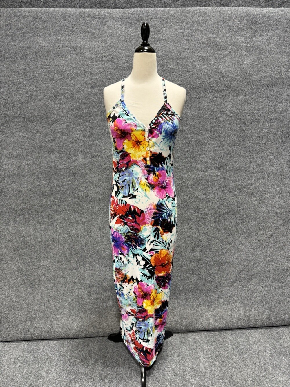 Love Floral Tropical Maxi Dress Womens Medium M Sleeveless Side Slit Stretch